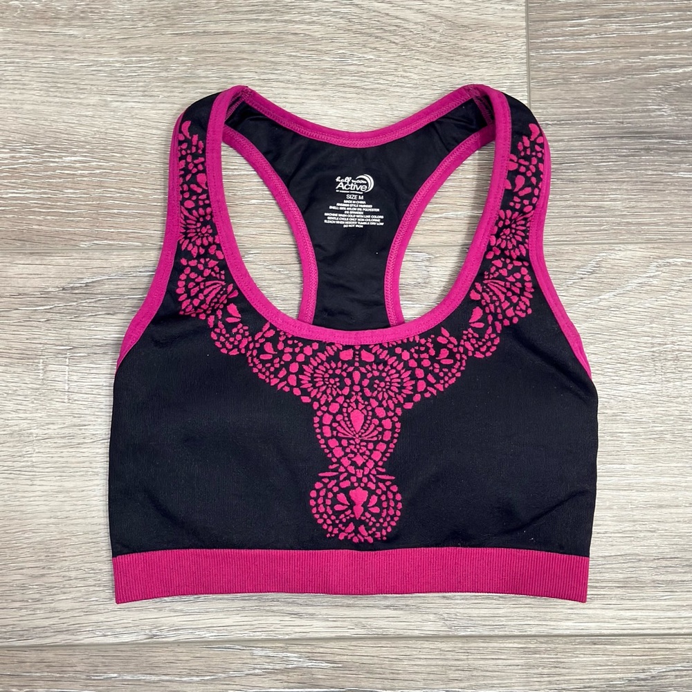 Black & Magenta Racerback Sports Bra with Decorative Print